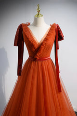 A-Line Tulle Long Prom Dresses, Orange V-Neck Long Simple Evening Dresses