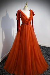 A-Line Tulle Long Prom Dresses, Orange V-Neck Long Simple Evening Dresses