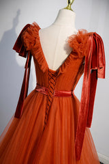 A-Line Tulle Long Prom Dresses, Orange V-Neck Long Simple Evening Dresses