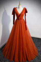 A-Line Tulle Long Prom Dresses, Orange V-Neck Long Simple Evening Dresses