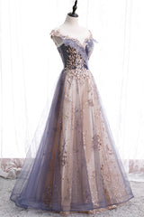 A-Line Tulle Long Prom Dresses with Sequins, Cute Scoop Neckline Evening Dresses