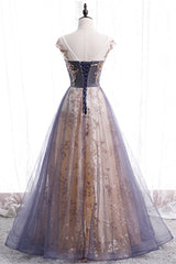 A-Line Tulle Long Prom Dresses with Sequins, Cute Scoop Neckline Evening Dresses