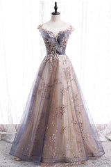 A-Line Tulle Long Prom Dresses with Sequins, Cute Scoop Neckline Evening Dresses