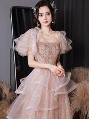 A-Line Tulle Sequin Pink Long Prom Dresses, Shiny Sequin Pink Long Evening Dresses