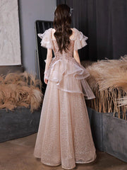 A-Line Tulle Sequin Pink Long Prom Dresses, Shiny Sequin Pink Long Evening Dresses