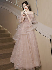 A-Line Tulle Sequin Pink Long Prom Dresses, Shiny Sequin Pink Long Evening Dresses