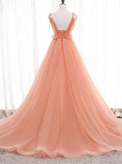 A-line Tulle Straps Low Back Long Wedding Party Dresses, Pink Tulle Long Prom Dresses