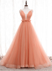 A-line Tulle Straps Low Back Long Wedding Party Dresses, Pink Tulle Long Prom Dresses