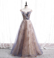 A-line Tulle with Lace Applique Party Dresses Tulle Long Prom Dresses prom Dresses shops