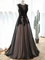 A-line Tulle with Lace Round Neckline Floor Length Party Dresses, Black Prom Dresses