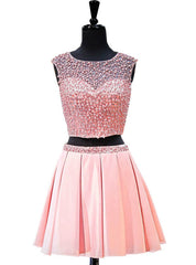 A-line Two Piece Short Pink Backless Short Homecoming Dresses