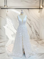 A-line V-neck Applique Sweep Train Stretch Crepe Wedding Dresses