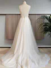 A-line V-neck Applique Sweep Train Tulle Wedding Dresses