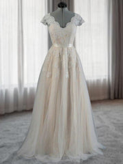 A-line V-neck Appliques Lace Floor-Length Lace Wedding Dresses