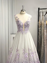 A-line V-neck Appliques Lace Floor-Length Tulle Dresses