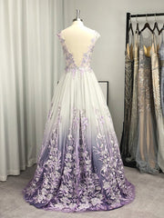 A-line V-neck Appliques Lace Floor-Length Tulle Dresses