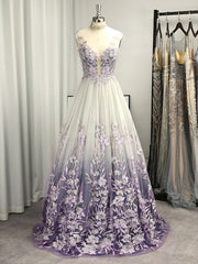 A-line V-neck Appliques Lace Floor-Length Tulle Dresses