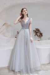 A Line V-Neck Beaded Floor Length Prom Dresses With Short Sleeves