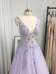 A-line V-neck Beading Floor-Length Tulle Dresses