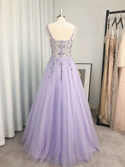 A-line V-neck Beading Floor-Length Tulle Dresses