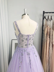 A-line V-neck Beading Floor-Length Tulle Dresses