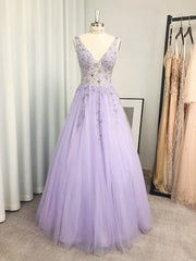 A-line V-neck Beading Floor-Length Tulle Dresses