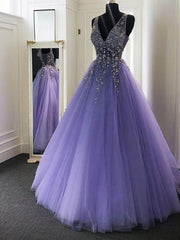 A-line V-neck Beading Floor-Length Tulle Dresses