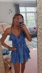 A-line V Neck Blue Short Homecoming Dress Lovely Homecoming Dress