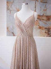 A Line V Neck Champagne Long Prom Dresses, Shiny Tulle Champagne Evening Dresses