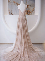 A Line V Neck Champagne Long Prom Dresses, Shiny Tulle Champagne Evening Dresses