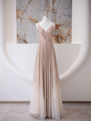 A Line V Neck Champagne Long Prom Dresses, Shiny Tulle Champagne Evening Dresses