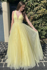 A-Line V She Neck Bleitr Tulle Prom Trut