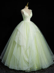 A-Line V Neck Lace Tulle Green Long Prom Dresses, Green Sweet 16 Dresses