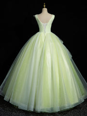 A-Line V Neck Lace Tulle Green Long Prom Dresses, Green Sweet 16 Dresses