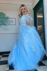 A line V Neck Lace Tulle Prom Dress with Beading and Feather