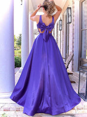 A Line V Neck Long Purple Prom Dresses