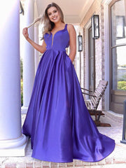 A Line V Neck Long Purple Prom Dresses