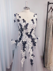 A-line V-neck Long Sleeves Appliques Lace Floor-Length Tulle Dresses