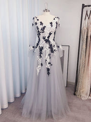 A-line V-neck Long Sleeves Appliques Lace Floor-Length Tulle Dresses