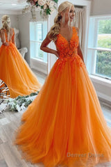 A-Line V-Neck Long Tulle Prom Dress with Appliques