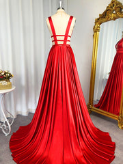 A-line V-neck Ruffles Sweep Train Elastic Woven Satin Dresses