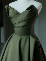 A-Line V Neck Satin Green Long Prom Dresses, Green Long Evening Dresses