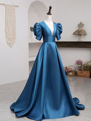 A-Line V Neck Satin Long Prom Dresses, Blue Satin Long Evening Dresses