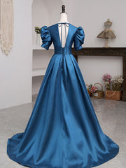 A-Line V Neck Satin Long Prom Dresses, Blue Satin Long Evening Dresses