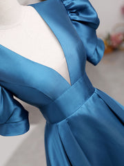 A-Line V Neck Satin Long Prom Dresses, Blue Satin Long Evening Dresses