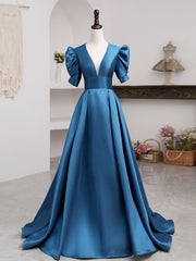 A-Line V Neck Satin Long Prom Dresses, Blue Satin Long Evening Dresses