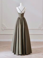 A-Line V Neck Satin Olive Green Long Prom Dresses, Olive Green Long Formal Dresses