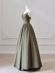 A-Line V Neck Satin Olive Green Long Prom Dresses, Olive Green Long Formal Dresses