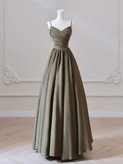 A-Line V Neck Satin Olive Green Long Prom Dresses, Olive Green Long Formal Dresses