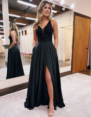 A-Line V-Neck Satin Prom Dresses with Slit